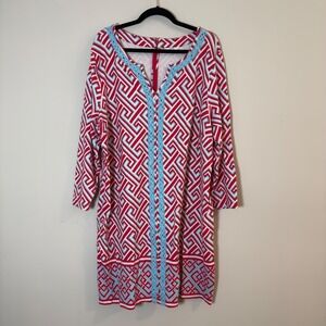 Crown & Ivy Curvy Red Greek Key Geometric Shift Dress Blue Crochet Trim 3X